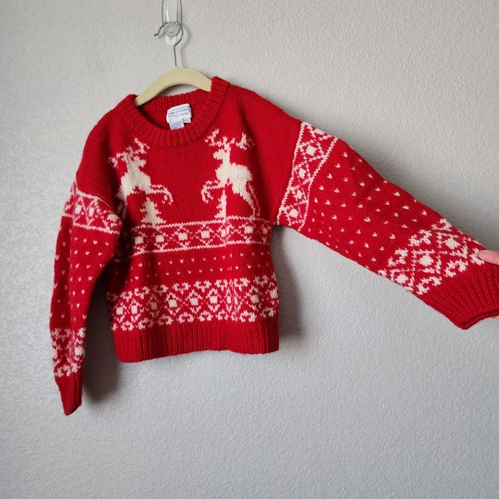ONE OF A KIND x VINTAGE wool christmas holiday reindeer sweater red white 6-7 - Picture 5 of 5